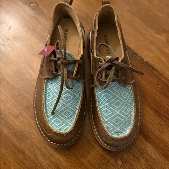 Rank 45 Brown and Teal Leather and Canvas Shoes - Picture 2 of 3
